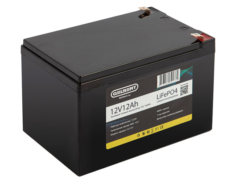 Литиевый тяговый аккумулятор Gelbert LiFePO4 (12V/12Ah/12A/144Wh) [6-DZF-12, 6-DZM-12]
